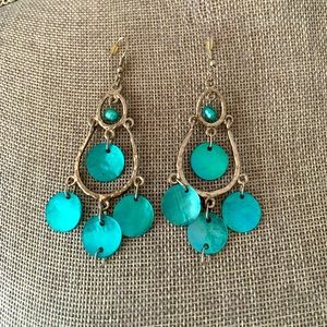 Turquoise shell and silver tone chandelier earrings